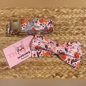 NWT Waidainis Handmade Halloween Themed Dog Collar With Matching Bow Sz L